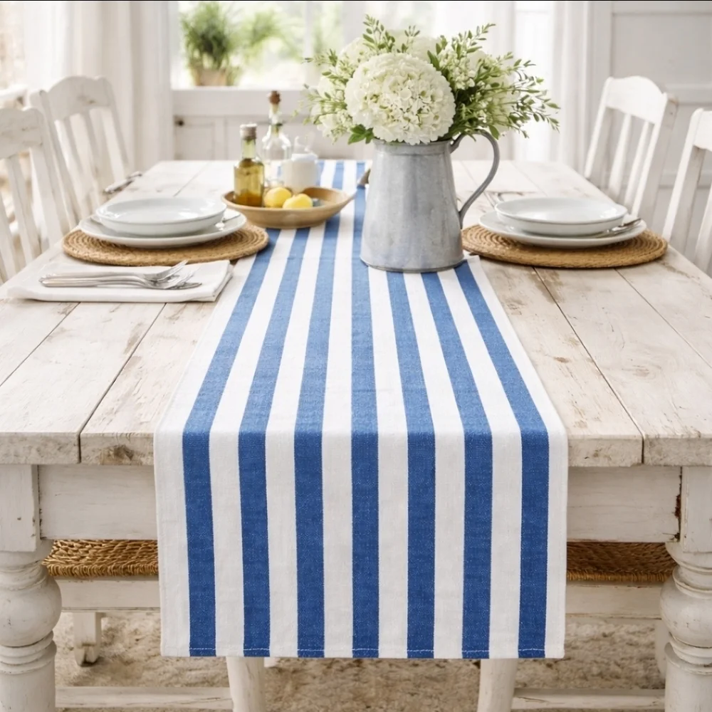 Pier 1 Blue & White Cabana Stripe Cotton Table Runner 72” Coastal NWOT